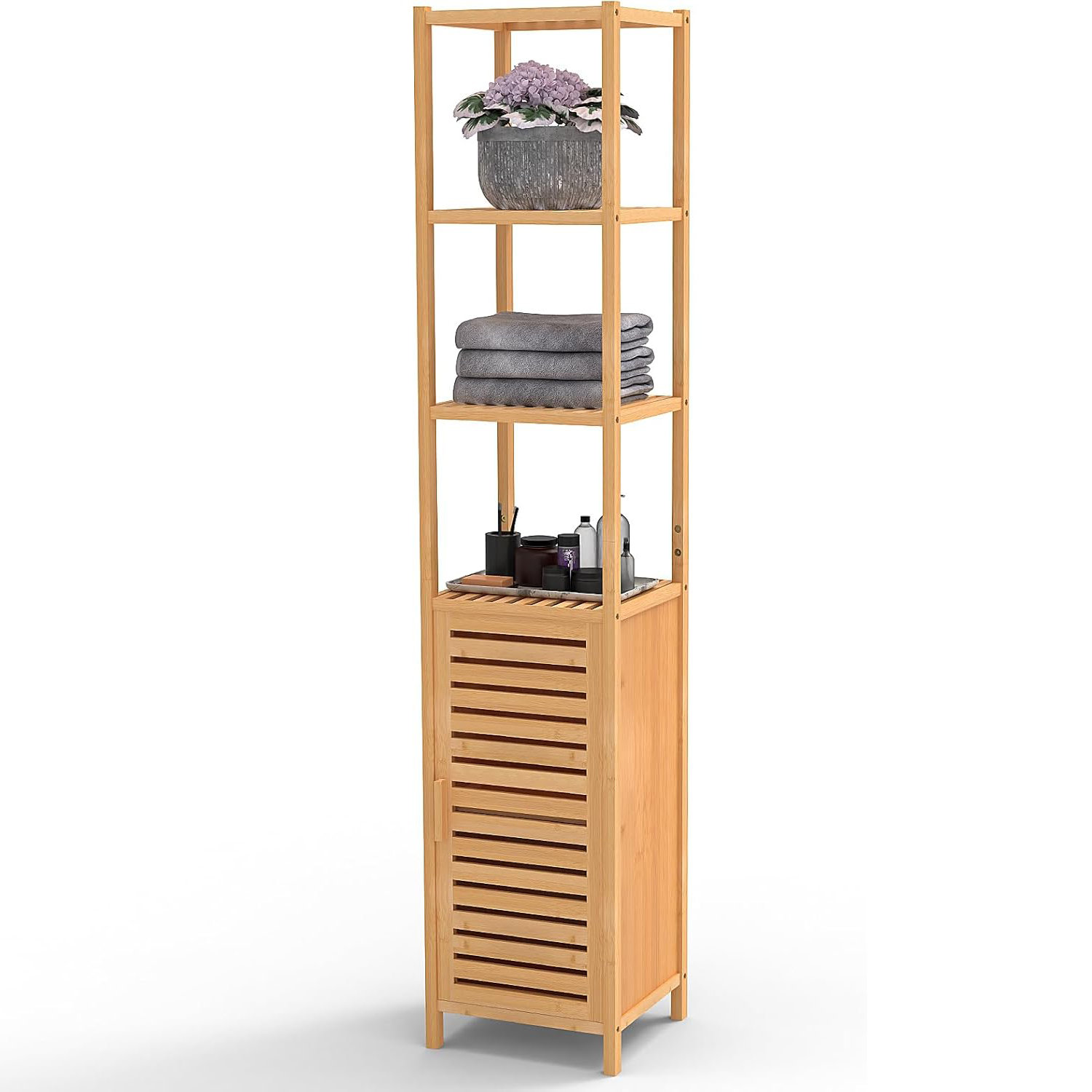 Hokku Designs 67" Tall Bamboo Storage Cabinet with Door and 3 Tier ...
